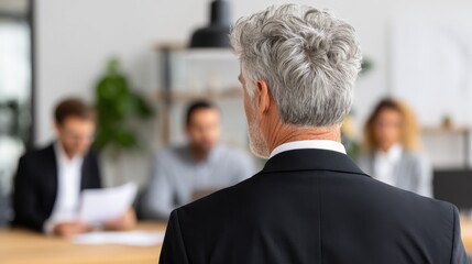 Rear view of an older man with gray hair and a beard, wearing a suit, facing blurred colleagues in an office meeting.