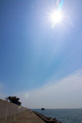 眩しい太陽が輝く護岸