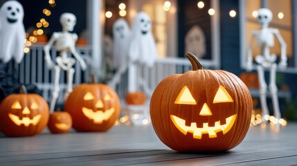 A festive Halloween scene featuring glowing jack-o'-lanterns, spooky ghost figures, and skeletons on a porch, illuminated by blurred background lights.