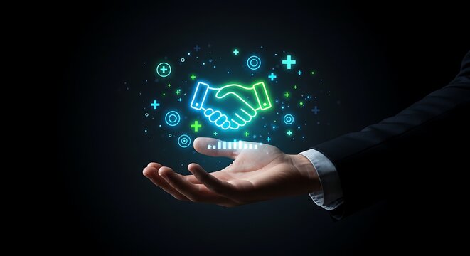Handshake hologram on the palm of a businessman as a symbol of successful cooperation and partnership