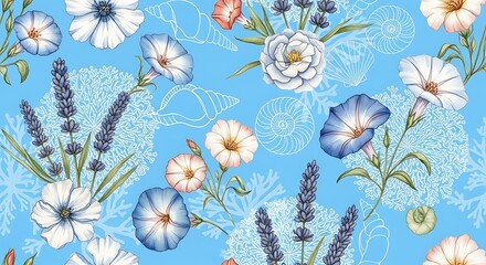 Seamless floral pattern with blue and white flowers and lavender