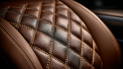 Obraz premium A close-up of luxurious brown leather with a diamond-quilted pattern and contrast stitching. Detailed texture for automotive or furniture upholstery. 
