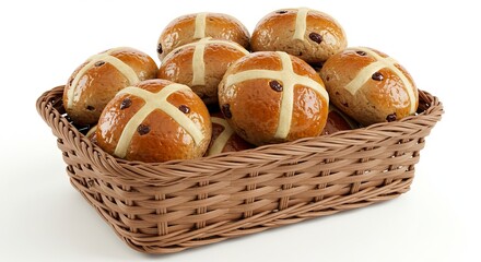Hot cross buns fill a woven basket presenting a golden glossy treat