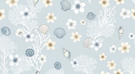 Seamless pattern with seashells, coral, and small flowers on blue