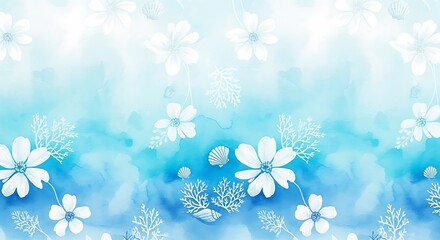 Seamless watercolor floral pattern with blue and white gradient
