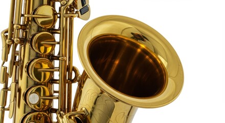 Shiny Golden Saxophone Detail on White Background Close Up