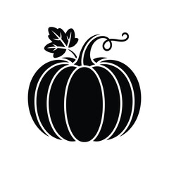 Stylized pumpkin silhouette with curled stem and veined leaf, classic autumn icon ideal for Halloween, harvest, and seasonal design themes