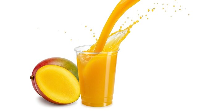 Mango juice being poured into a glass with a sliced mango beside it