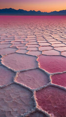 Fototapeta premium Stunning pink salt flats landscape at sunset offers a surreal and dreamlike vista for travel ads