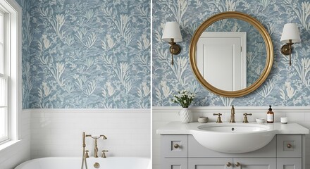 Stylish bathroom vanity with a round mirror and blue coral wallpaper