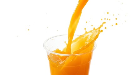 Orange liquid pours into a clear plastic cup creating a splash and scattered droplets on a white background