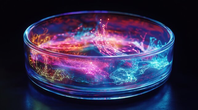 Glowing Petri dish overflowing with vibrant abstract representations of scientific concepts.