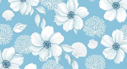 Elegant seamless pattern with white anemone flowers and coral