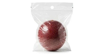 Passion fruit in a clear plastic bag with a hole for hanging