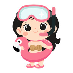 Illustration of Girl with Flamingo Float and Snorkel