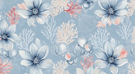 Seamless floral pattern with blue flowers and coral on light blue background