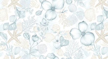 Light blue and beige floral and sea life pattern on white background
