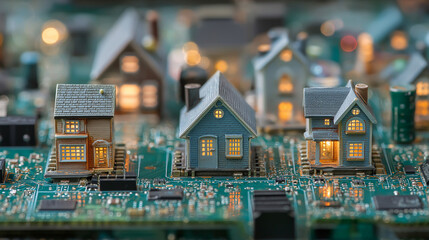 Digital homes depicted on a dark circuit board, illustrating futuristic smart city concept, connected technology, and modern digital infrastructure.