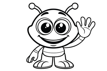Friendly monochrome alien with big eyes happily waves hello with its hand