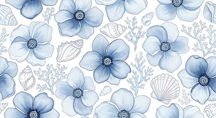 Seamless pattern of blue anemone flowers and foliage on white background
