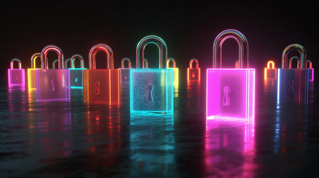 Glowing digital locks in neon colors float on a black background, representing cybersecurity, encryption, and futuristic digital protection aesthetics.