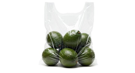Naklejka premium Several avocados are visible packed together inside a transparent plastic bag