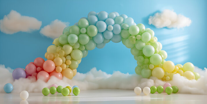 backdrop composition a blue sky with white clouds in the background, a rainbow-colored balloon arch garland,