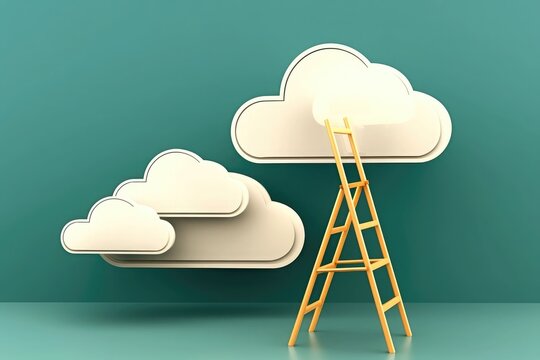 3d illustration of a ladder leaning against three white clouds on a green background, symbolizing growth and success in cloud technology