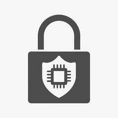 Gray padlock displays security chip icon, symbolizing protection and data safety measures