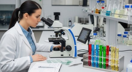 Dedicated scientist exploring microscopic world using a microscope in laboratory attentively, for