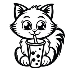illustration shows a fluffy cat character drinking bubble tea with expressive eyes