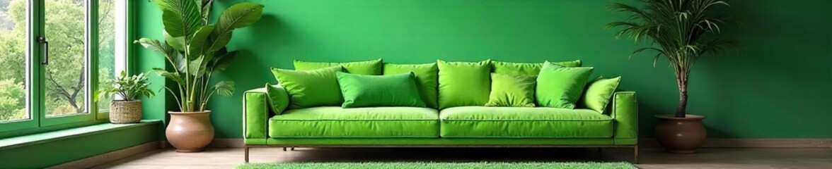 Serene living room with lush green accents, featuring a vibrant green sofa, plants, and natural light Perfect for home decor, interior design, and lifestyle blogs , green living room ideas, wall