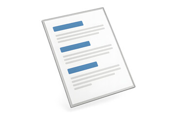 3D floating business document sheet with blue highlighted sections symbolizing corporate reports, contracts and presentations