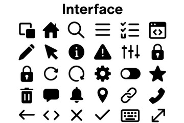 A versatile set of bold, solid black icons representing user interfaces, buttons, and design elements. Ideal for apps, websites, and presentations.