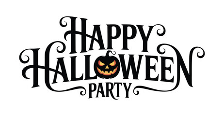 Halloween party greeting with stylized “Happy Halloween” text, jack-o'-lantern letterform, swirling embellishments, perfect for festive design