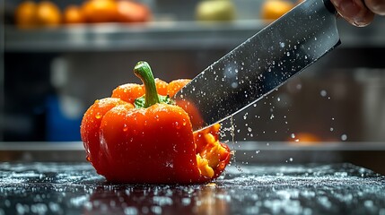 Chef Cutting Red Bell Pepper with Knife Culinary Action in Kitchen.