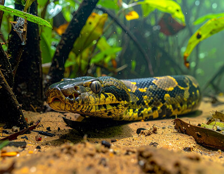 Yellow and black python in underwater habitat