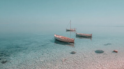 Fototapeta premium Serene Calm Water with Three Small Boats and Rocks on Pebble Beach in Soft Pink and Blue Tones