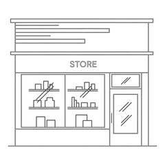 Black and white line drawing of a store facade with display windows shop building