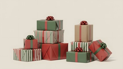 A festive arrangement of stacked gift boxes wrapped in green red and striped paper with festive bows and toppers