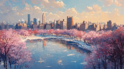 Scenic panoramic view of a city skyline du sp with cherry blossom trees and a river reflecting the colorful sky in a vibrant urban park setting