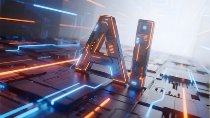 Futuristic AI Representation with Neon Lighting and High-Tech Panels