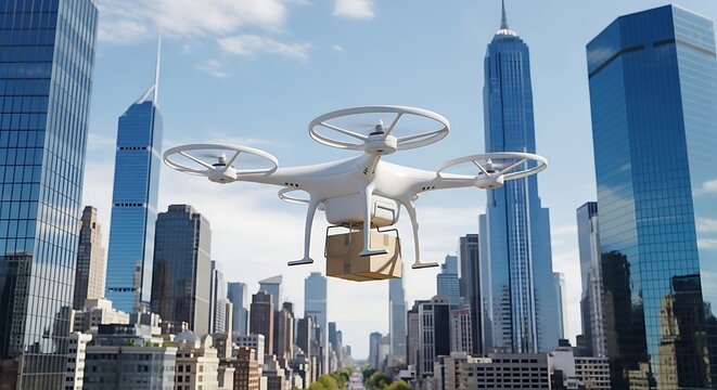 A realistic 3D rendering of a white quadcopter delivery drone flying through a bright blue sky with scattered fluffy clouds