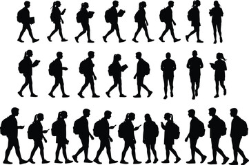 Silhouettes of students walking with backpacks, reading books, and using smartphones in different poses isolated on white background.