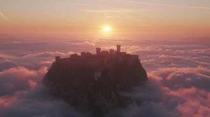 Majestic floating castle gracefully suspended above a breathtaking pink sky at sunset
