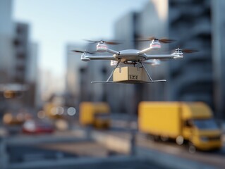 Obraz premium A cutting-edge drone navigates through the modern cityscape, carrying a package for swift delivery, representing the future of transport and technology.