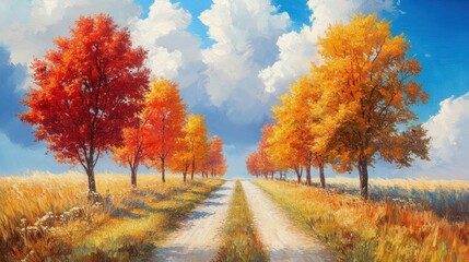 Vibrant autumn landscape with colorful trees lining a dirt road under a bright sky showcasing red orange and yellow foliage in a rural setting