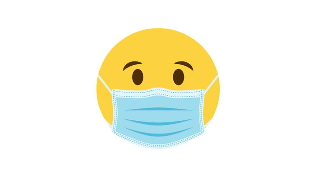Yellow emoji face wearing a blue protective medical mask.
