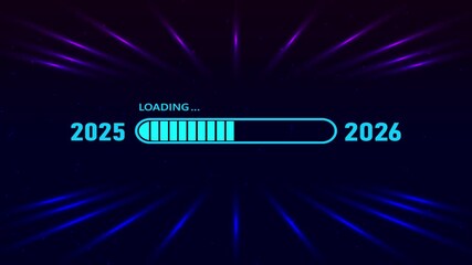 Blue loading bar from 2025 to 2026 on futuristic digital room with glowing blue grid walls and neon lights. - Powered by Adobe