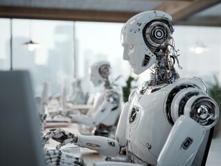 Fototapeta premium High-tech office setting where advanced robots engage in work tasks with focused intensity, showcasing innovation. 